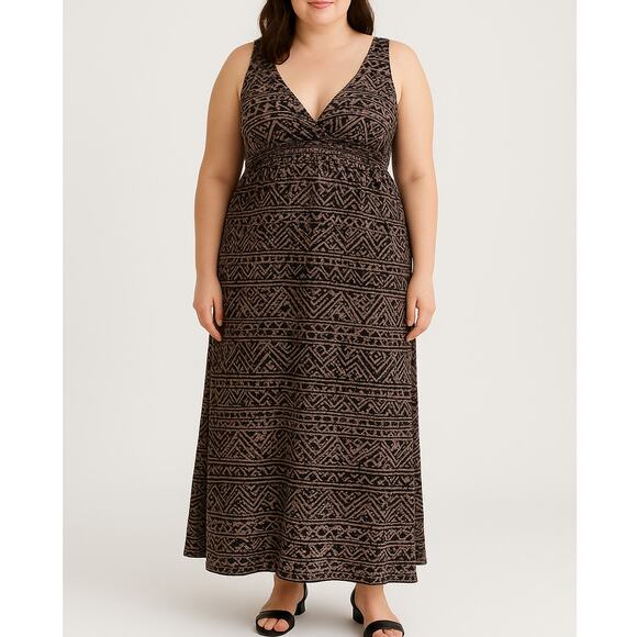 Vintage Iolani Tribal Pint Sleeveless Maxi Hawaiian Dress Size 1X Brown Jersey - Picture 1 of 10